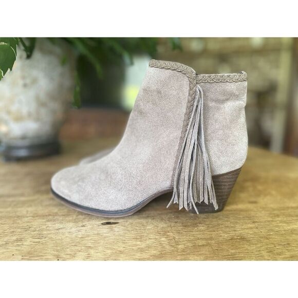 Franco Fortini Ella Suede Leather Ankle Boots Taupe Fringe Block Heel Size 6 - Picture 4 of 10
